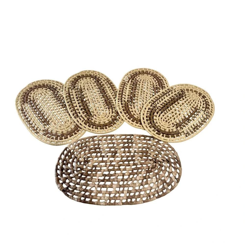 Vintage Woven Natural Fiber Oval Placemats & Charger‎ 5 Piece Set Brown Tan Boho