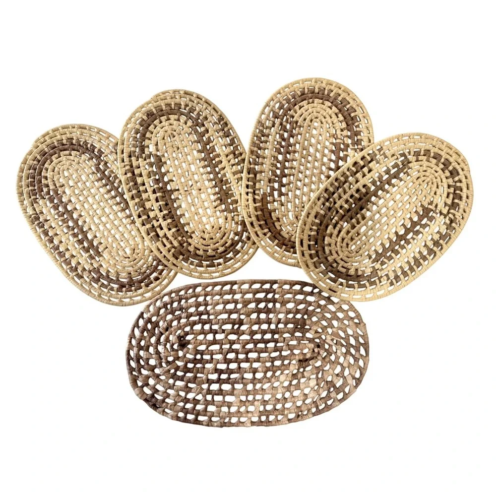 Vintage Woven Natural Fiber Oval Placemats & Charger‎ 5 Piece Set Brown Tan Boho