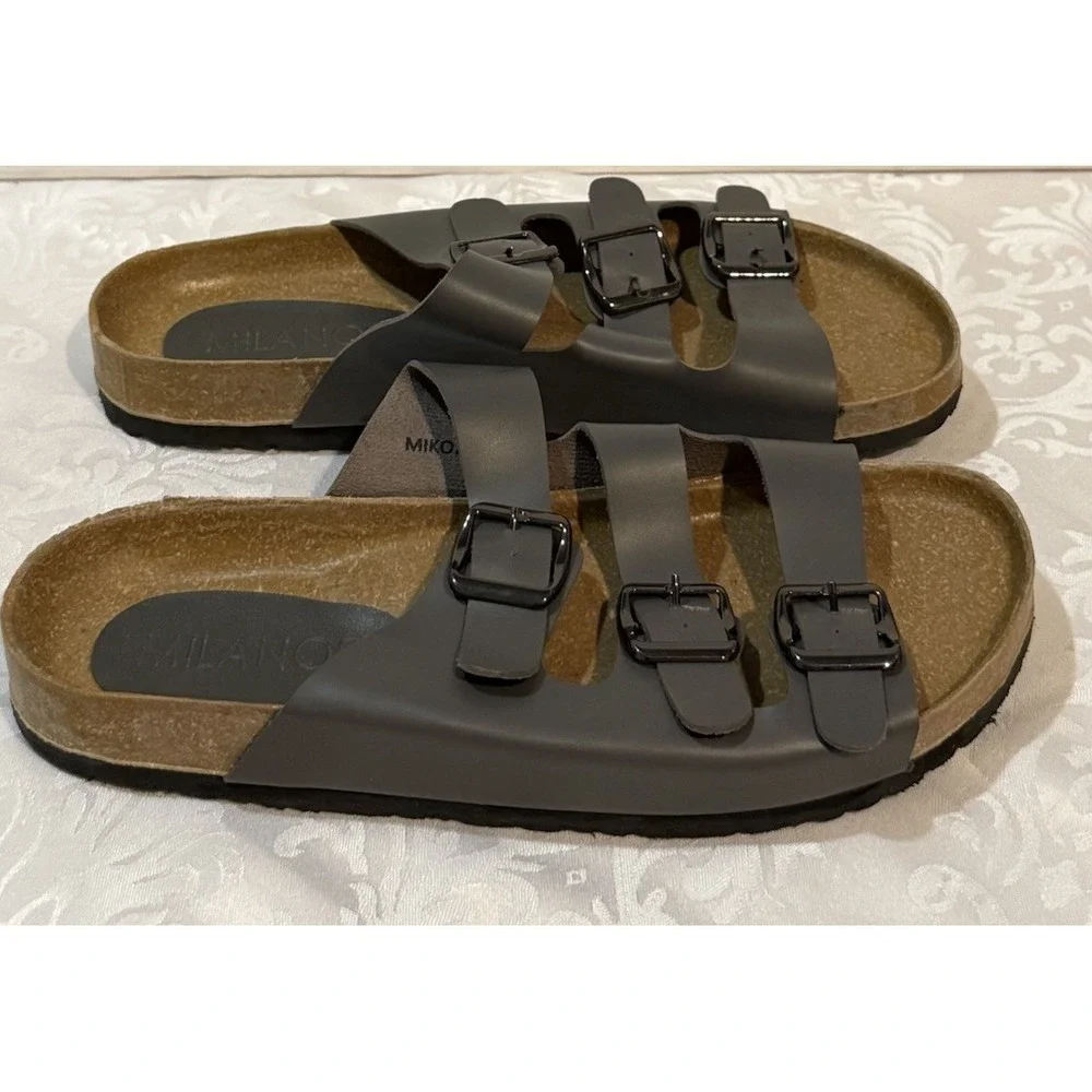 Milanos Mens‎ Miko2 Sandals Black Dark Gray Double band slip-onBuckle on strap 8
