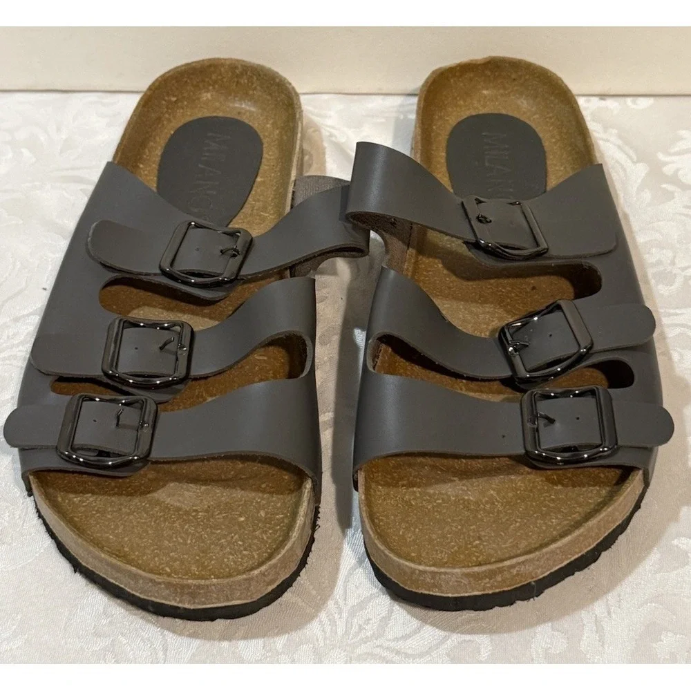 Milanos Mens‎ Miko2 Sandals Black Dark Gray Double band slip-onBuckle on strap 8