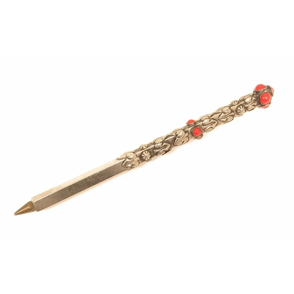 Beautiful Vintage Floral Leaf Glass Coral‎ Jeweled Silver Plated Ornate Pen