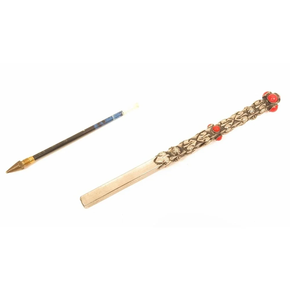 Beautiful Vintage Floral Leaf Glass Coral‎ Jeweled Silver Plated Ornate Pen