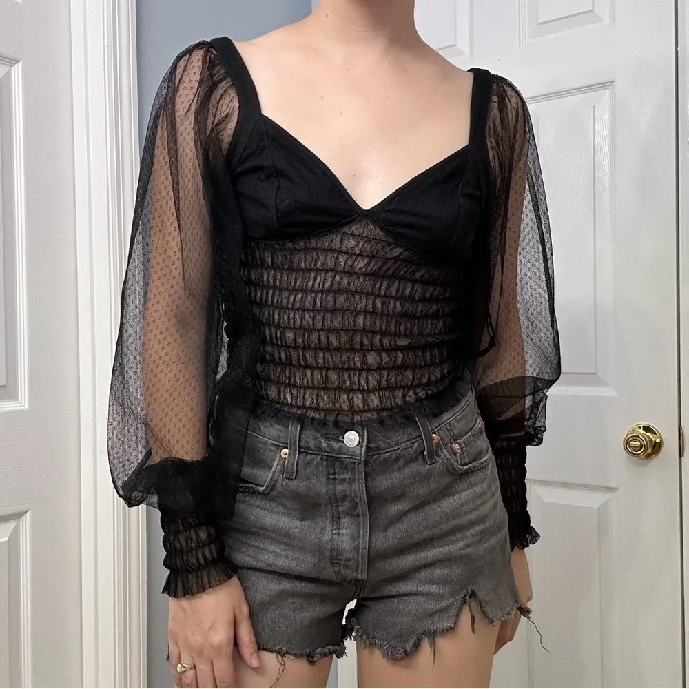 Free People Blouse Sheer Mesh Black Puff Sleeve Statement Sexy Size Extra Small