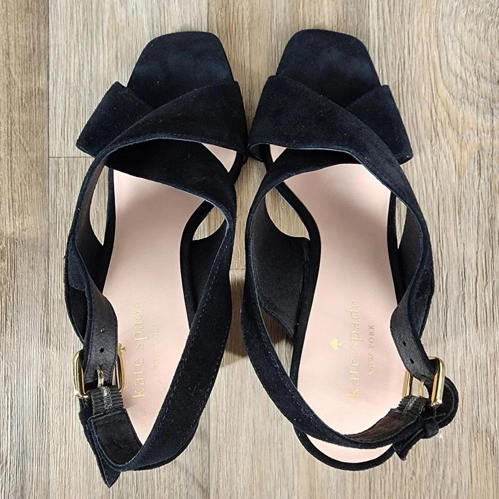 Kate‎ Spade New York Size 7 Black Suede Slingback Block Heel Dress Sandals