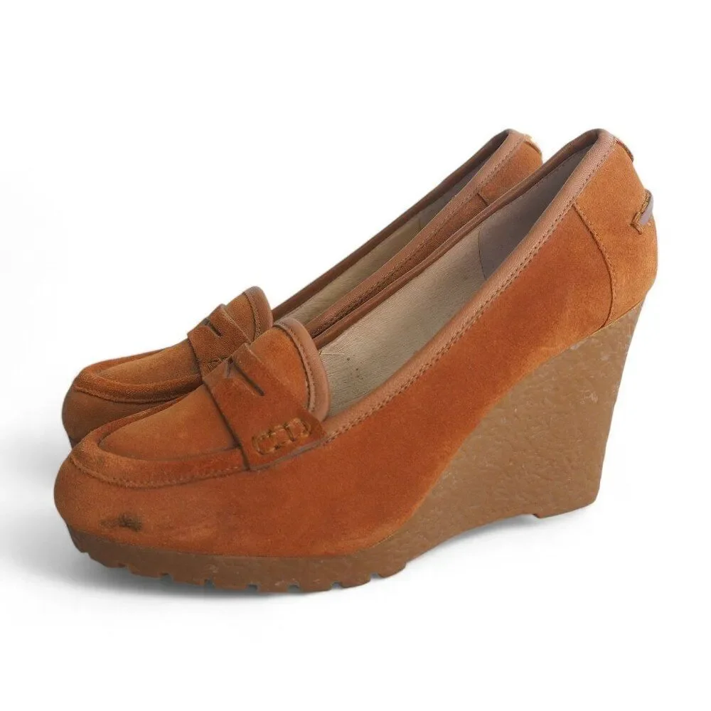 Michael Kors Rory Suede Wedge Penny Loafers Walnut‎ Brown PW14E Women's 7M
