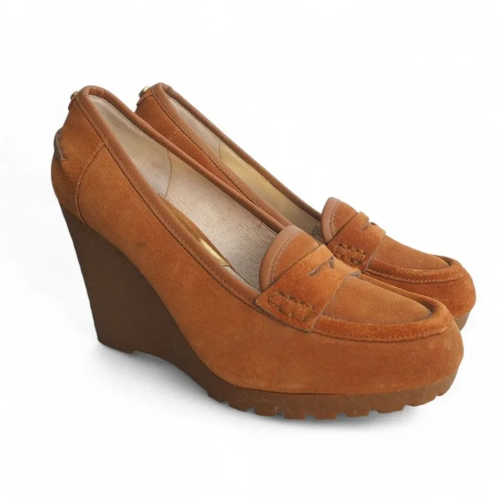 Michael Kors Rory Suede Wedge Penny Loafers Walnut‎ Brown PW14E Women's 7M