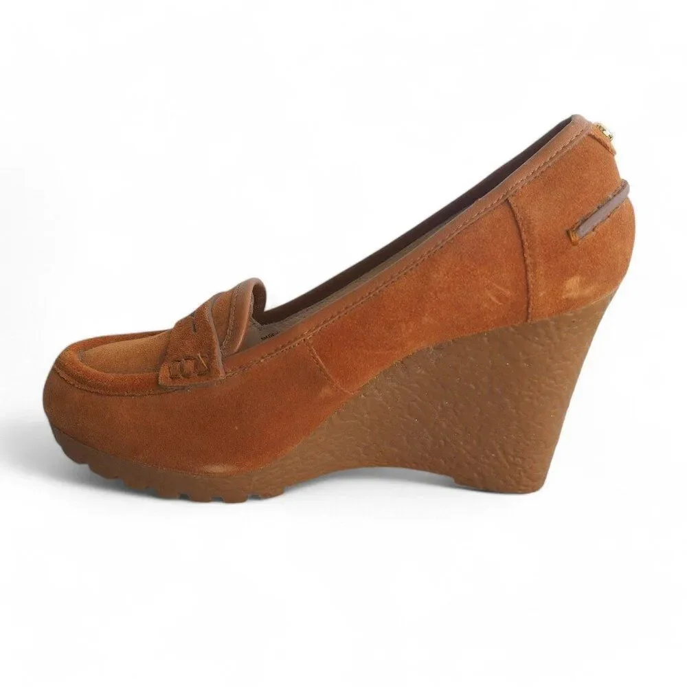 Michael Kors Rory Suede Wedge Penny Loafers Walnut‎ Brown PW14E Women's 7M