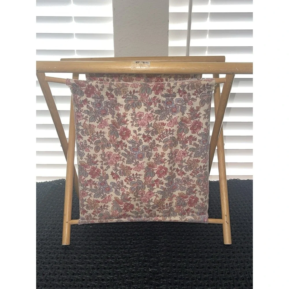 Vintage Foldable Sewing Yarn Knit Crochet Basket Caddy‎ Tote Bag Wood Frame MCM