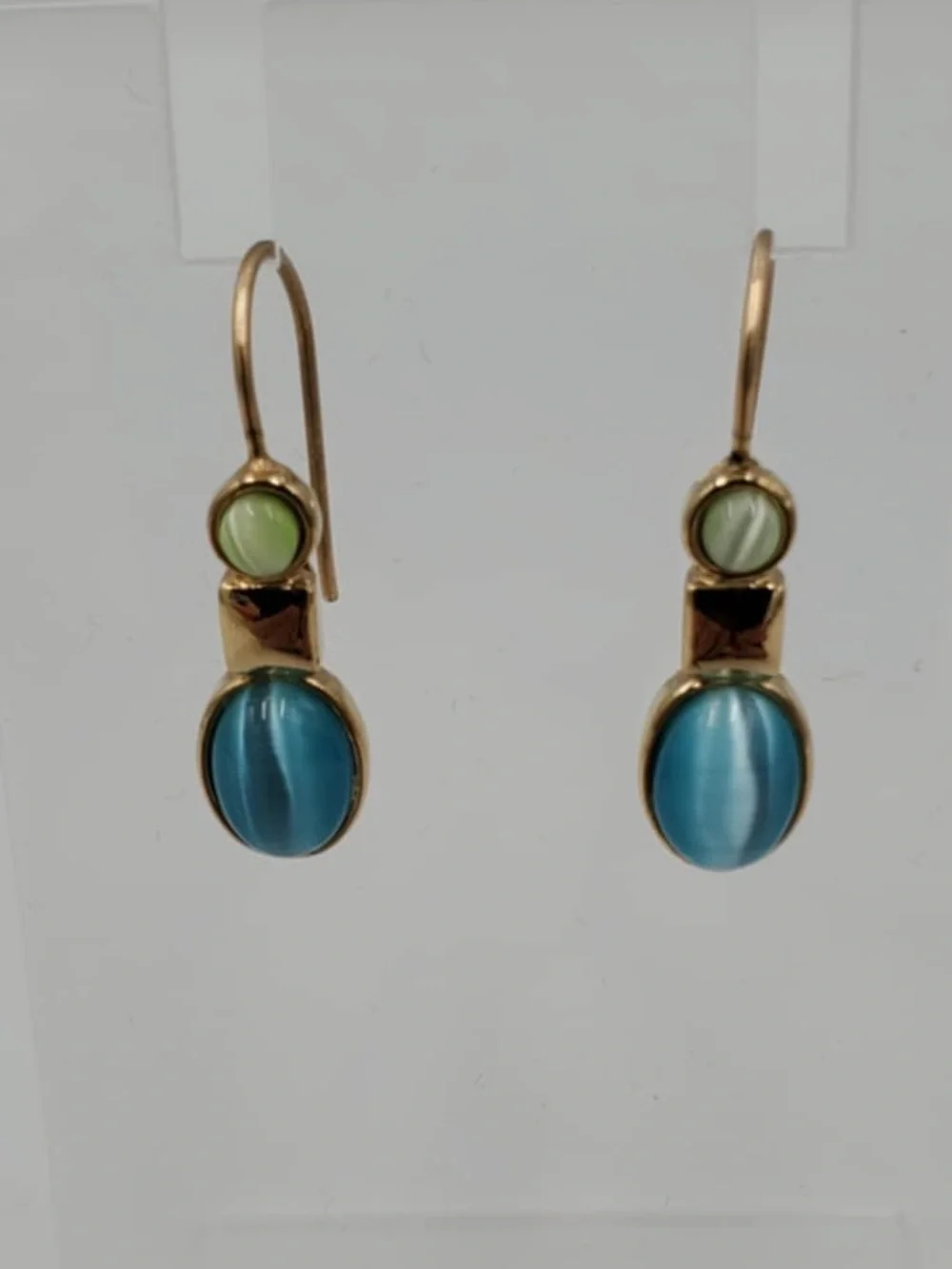 Vintage MONET Green Blue Gold Tone Dangle Pierced Earrings