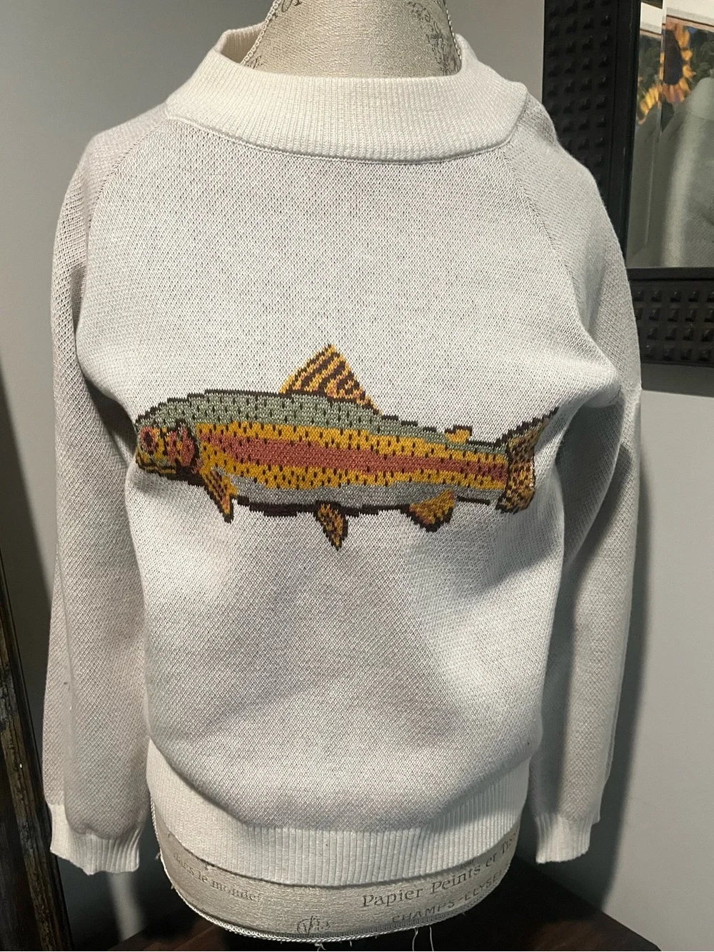 The Sage Vintage , Cream Sweater with Multicolor Trout Motif