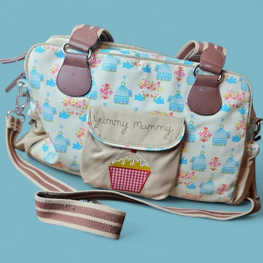 PINK LINING |‎ Yummy Mummy Cream and Brown Floral Blue Birds Baby Diaper Bag