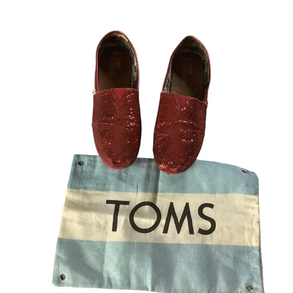 Toms Youth‎ Classic Red Glitter Slip On Shoes Size 5.5 Lightweight Casual Flats
