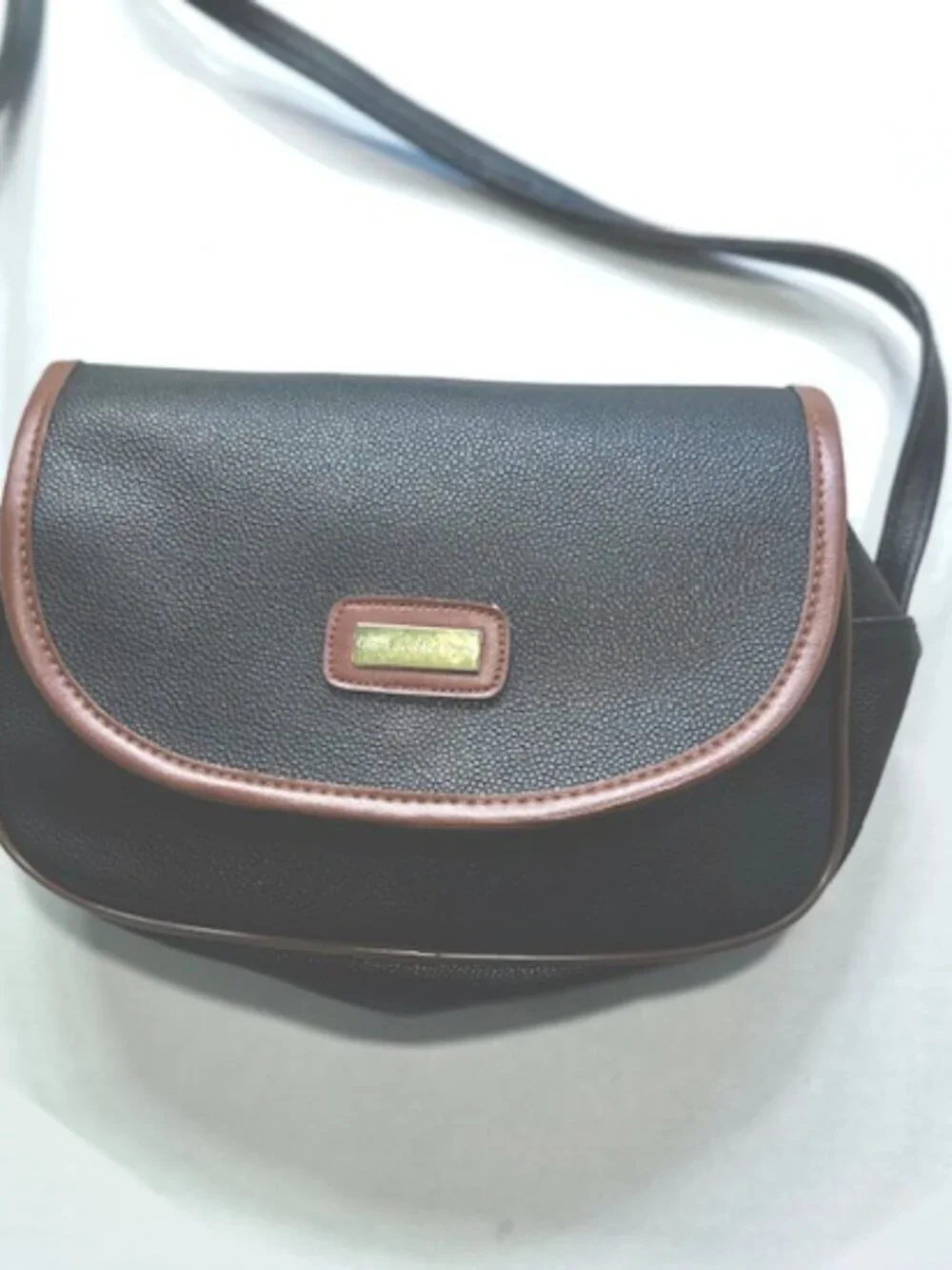 Guy Laroche Paris Crossbody Handbag Snap Flap Pebbled Leather Black and Brown