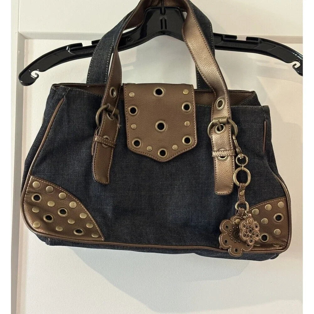 Franco Sarto Denim Blue & Brown Metallic Grommet Studded Y2K Satchel Tote Purse