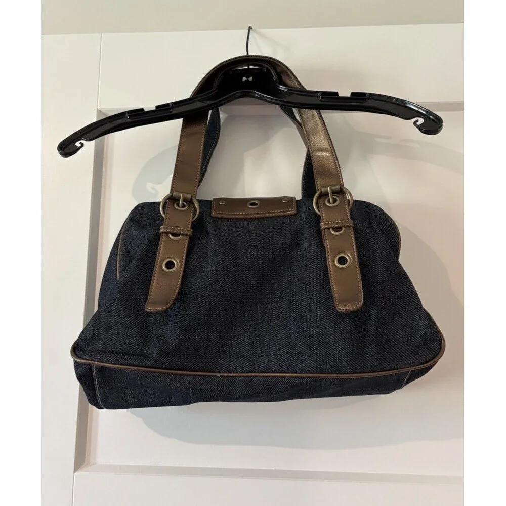 Franco Sarto Denim Blue & Brown Metallic Grommet Studded Y2K Satchel Tote Purse
