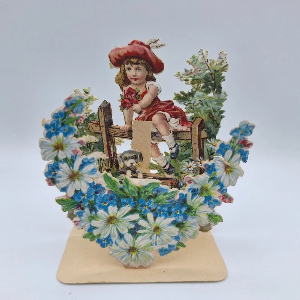 Vintage Pop‎ Up Valentines Day Card Girl Flowers Puppy Decor Folding Standing