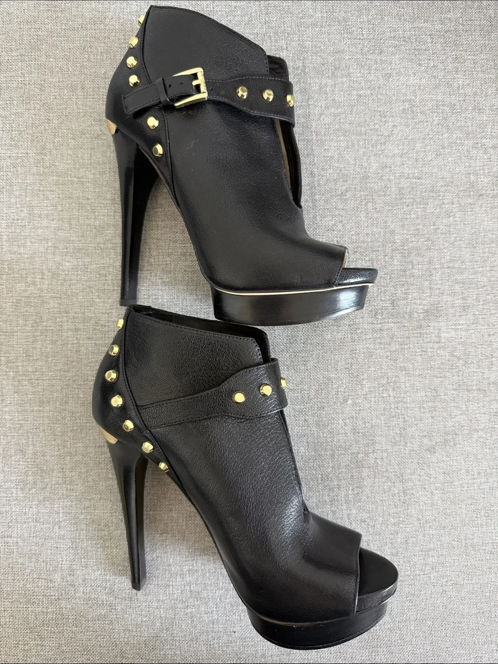 Michael Kors leather Black Peep-Toe Platform Booties with Gold Studs