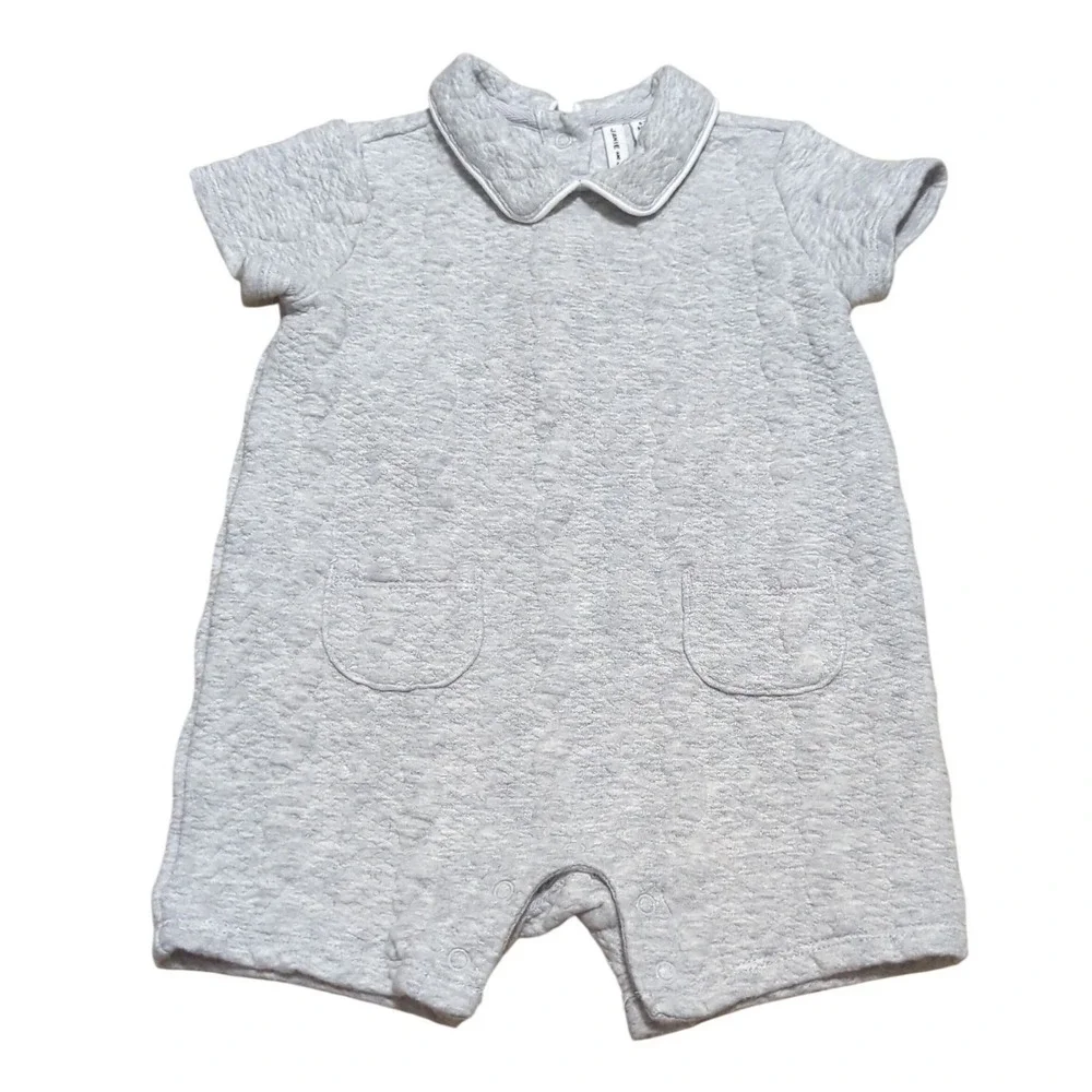 Janie and Jack Quilted Collared Grey One Piece Romper Sz 6-12M Heather Grey Snap