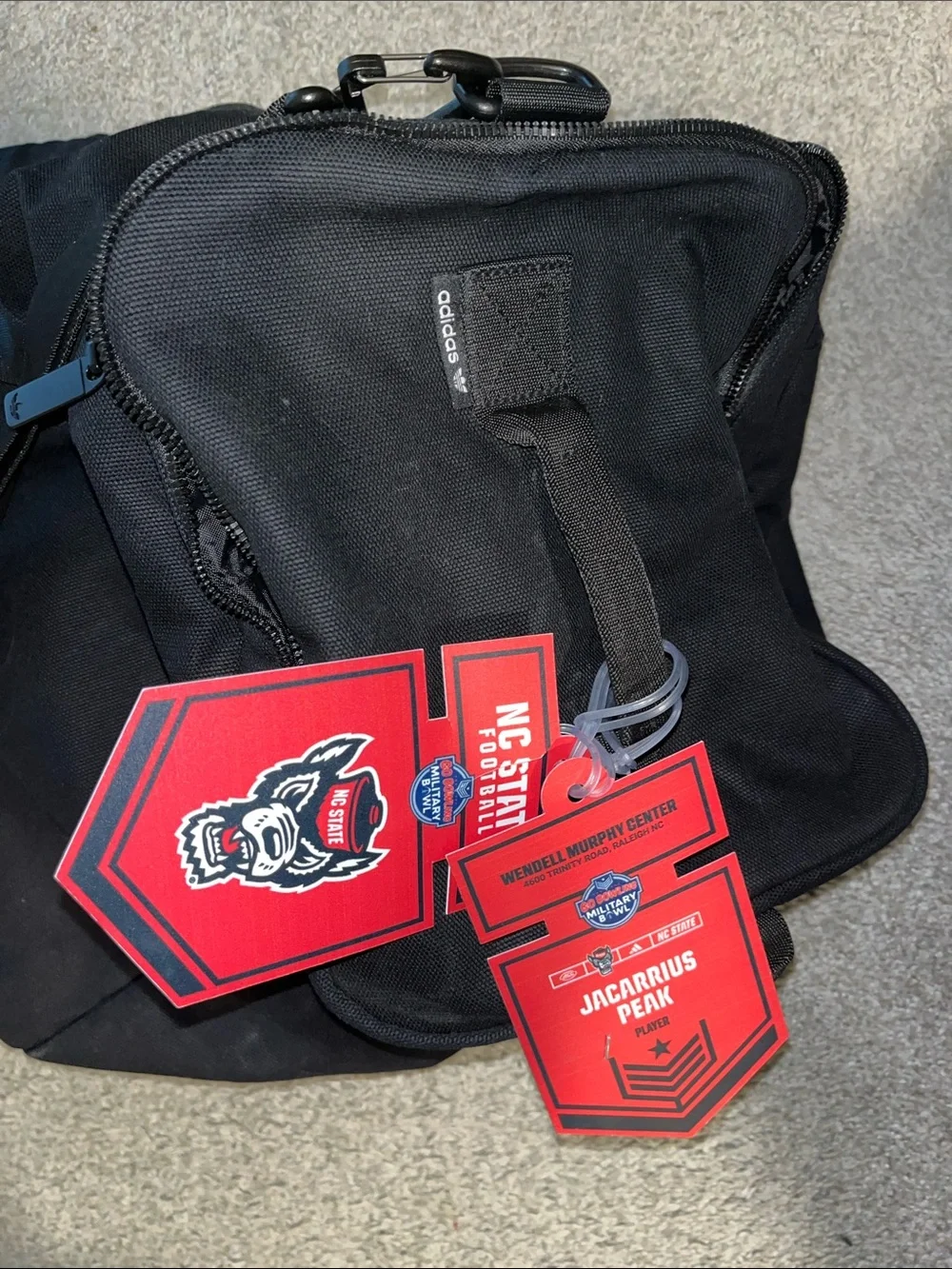 Jacarrius Peak NC State Wolfpack Football adidas 5 compartment duffle gym bag