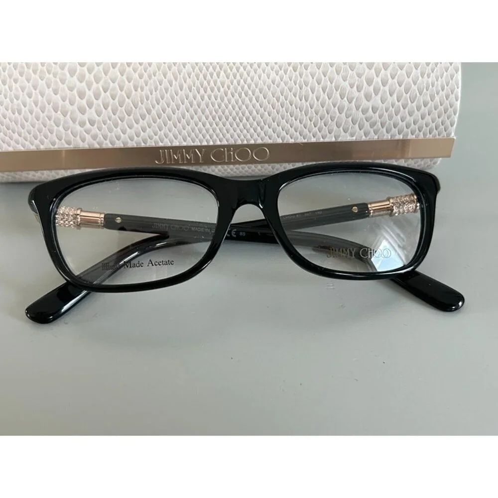 NWB Jimmy Choo Women's Black Gold Crystals Acetate Designer Cat Eye Glasses‎
