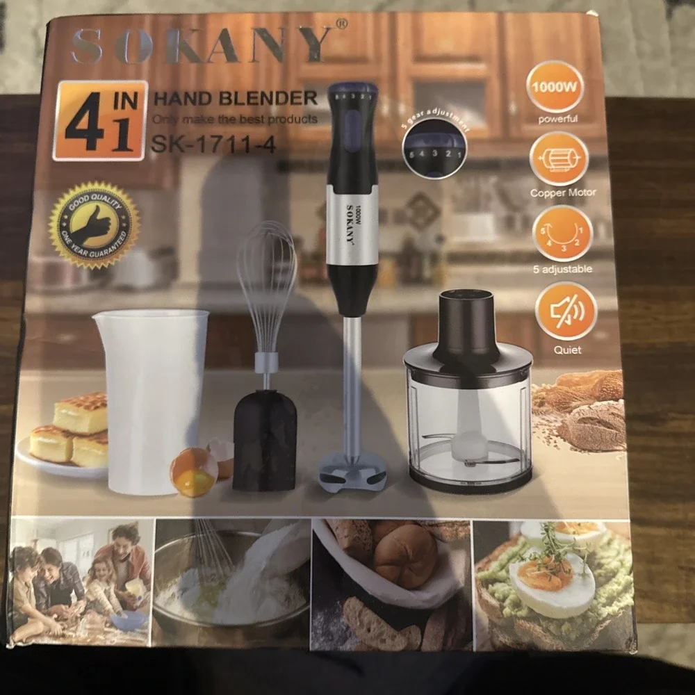 SOKANY 4-IN-1 Dishwasher Safe Hand Blender 110V, 50/60HZ, 1000w‎ Motorboat Whisk