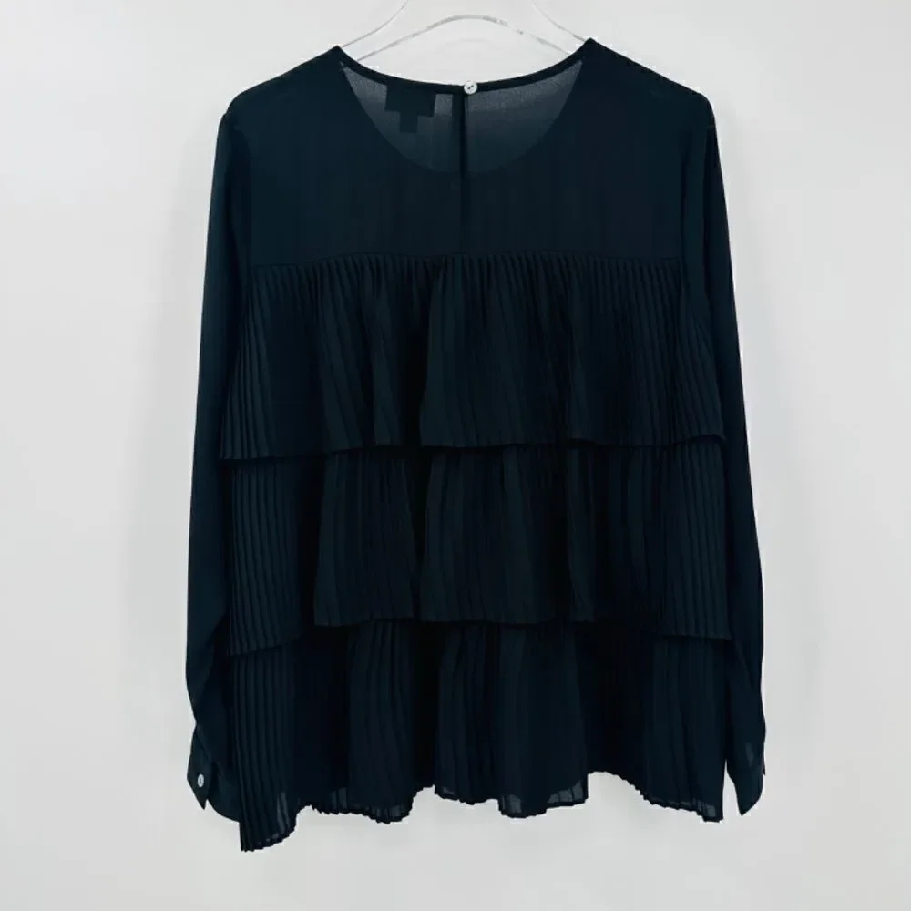 J. Jill Size Large Black Long Sleeve Pleated Tiered Ruffle Blouse Top