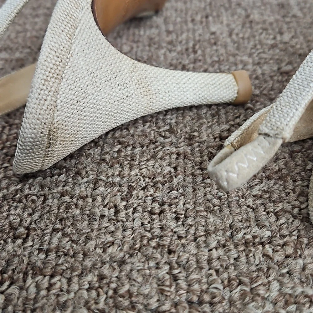 Chanel Beige Fabric Slingback Heels Gold Tone Metal Plate Sz 36 Womens
