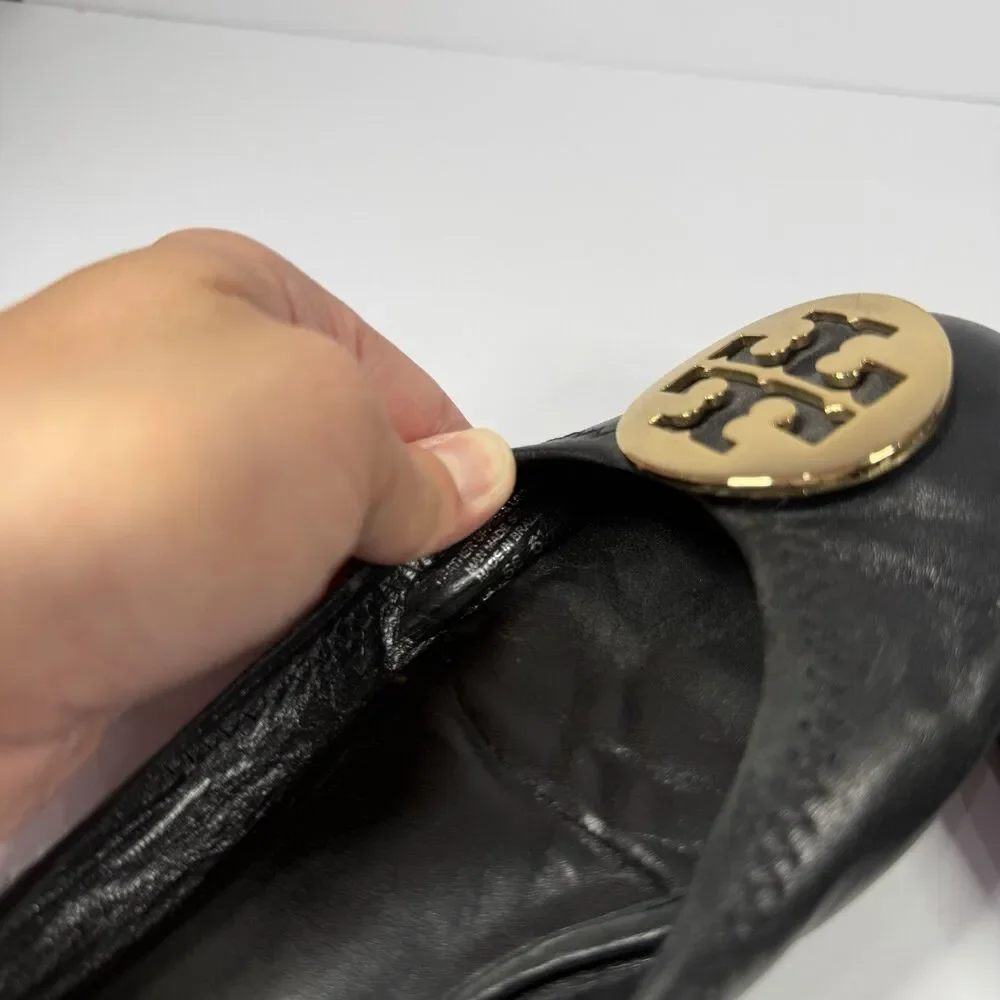 Tory Burch Leather Reva Ballet Flats Shoes Women 6.5 Black Gold Logo