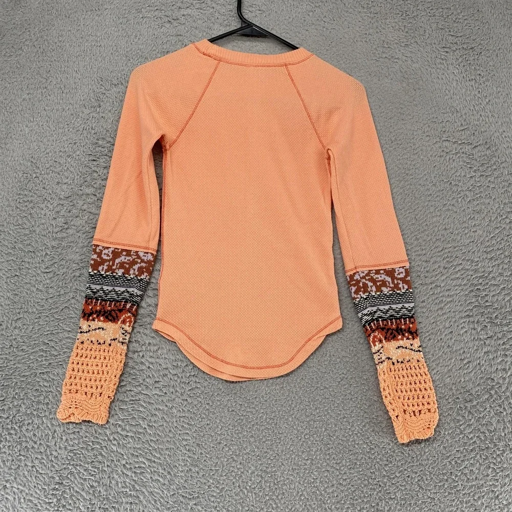 Free People Thermal Top Womens XS Crochet Fair Isle Sleeve Cozy Waffle Boho