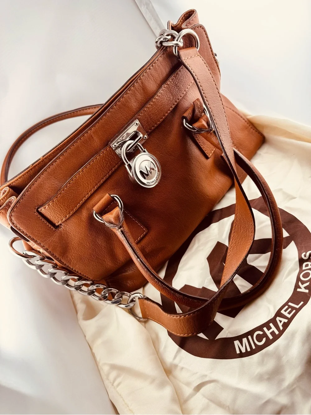 Michael Kors Cognac Leather Shoulder Bag with Silver Hardware