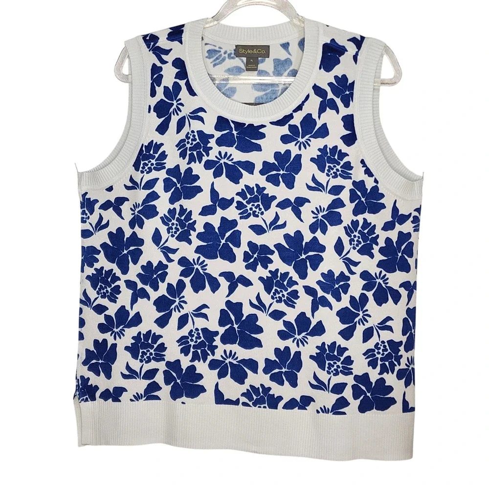Style Co Petite PL‎ Blue White Floral Print Knit Sweater Vest Sleeveless Top