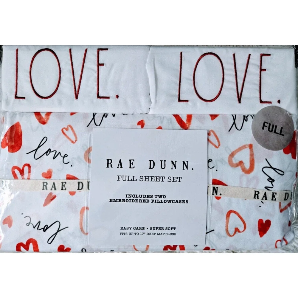 Rae Dunn Sheet‎ Set Embroidered LOVE Pillowcases, Hearts, Valentine's day = Full