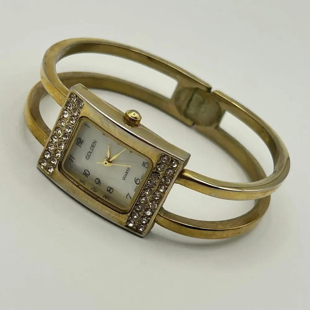 Vintage Golden Gold-tone Mother Pearl Bangle Quartz Watch Working New Battery