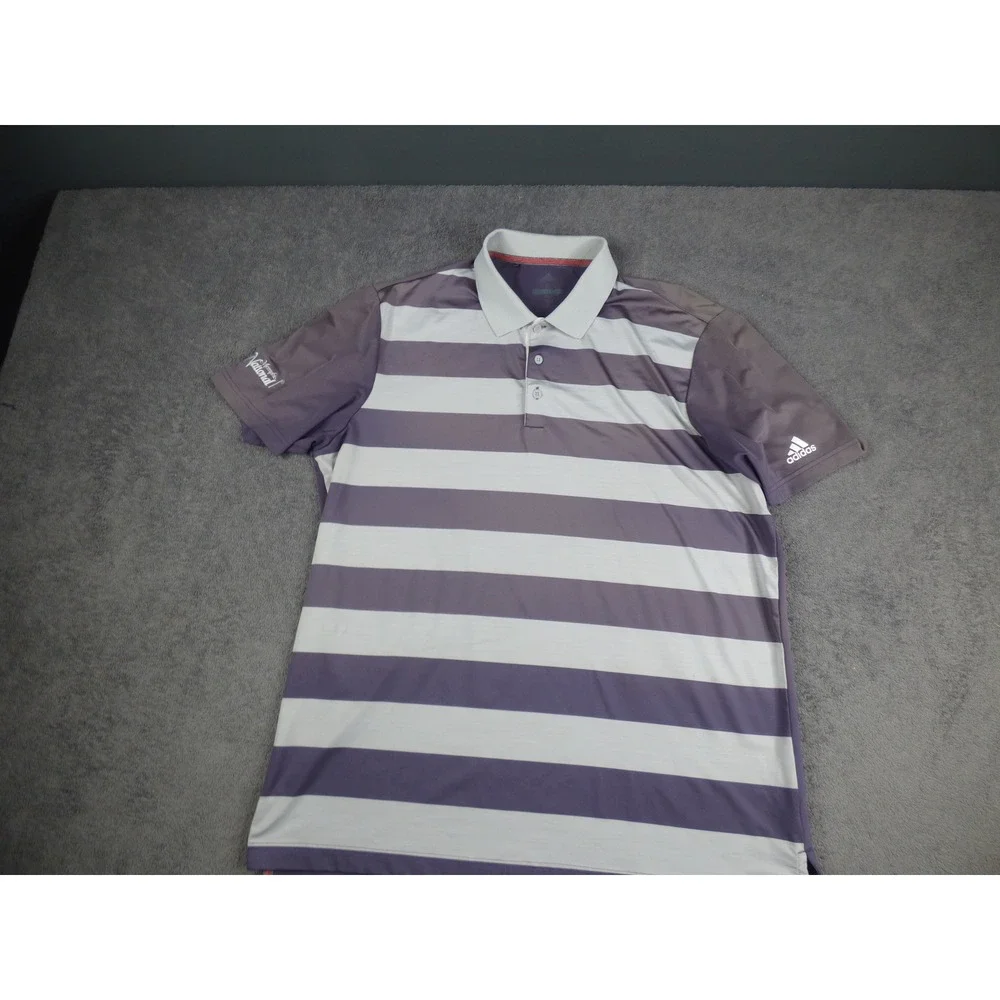 Adidas Golf Mens Large Purple Striped Polo Shirt Memphis National Logo Short Slv
