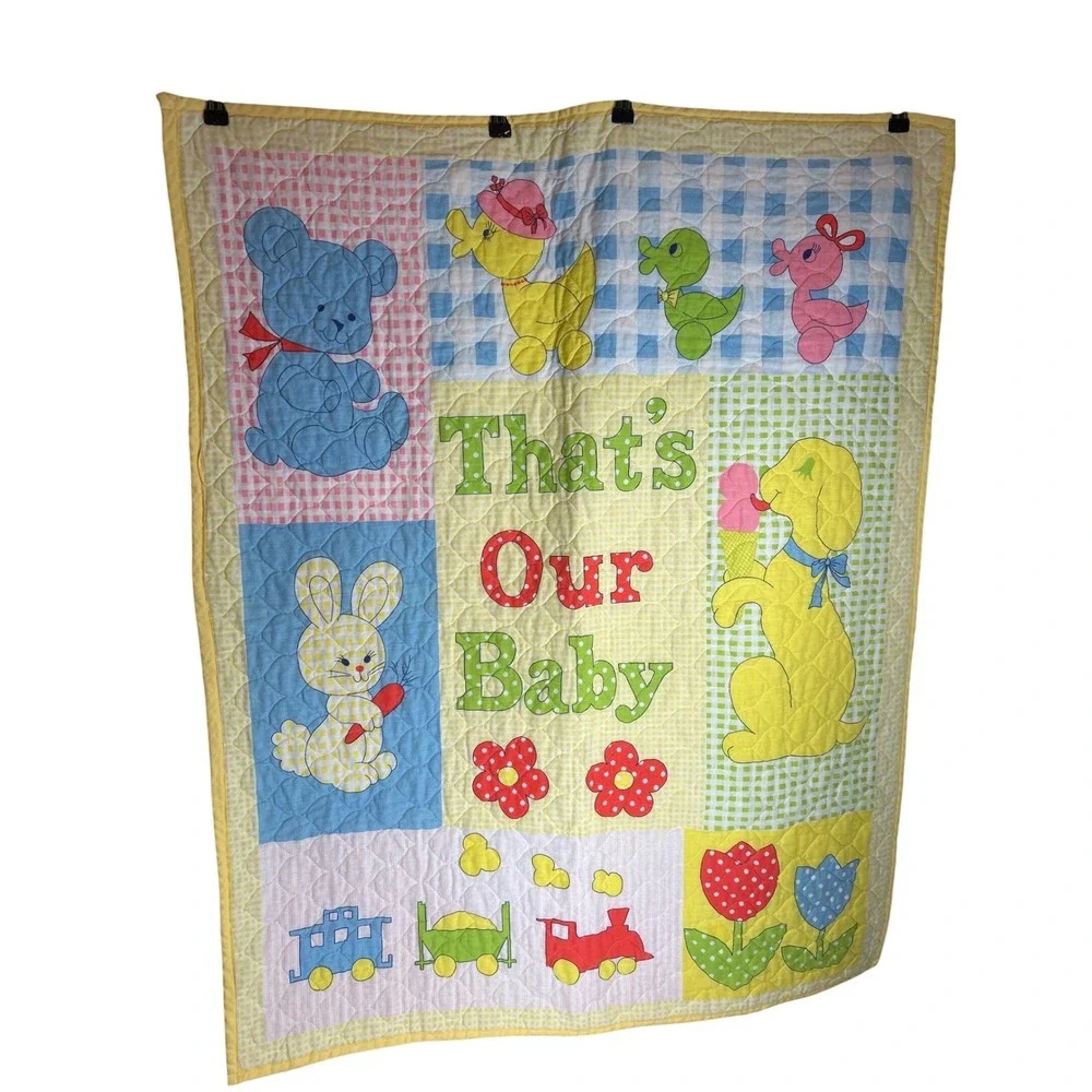 Baby Quilt Blanket That's Our Baby Teddy Bear‎ Bunny Ducks Train VINTAGE Yellow