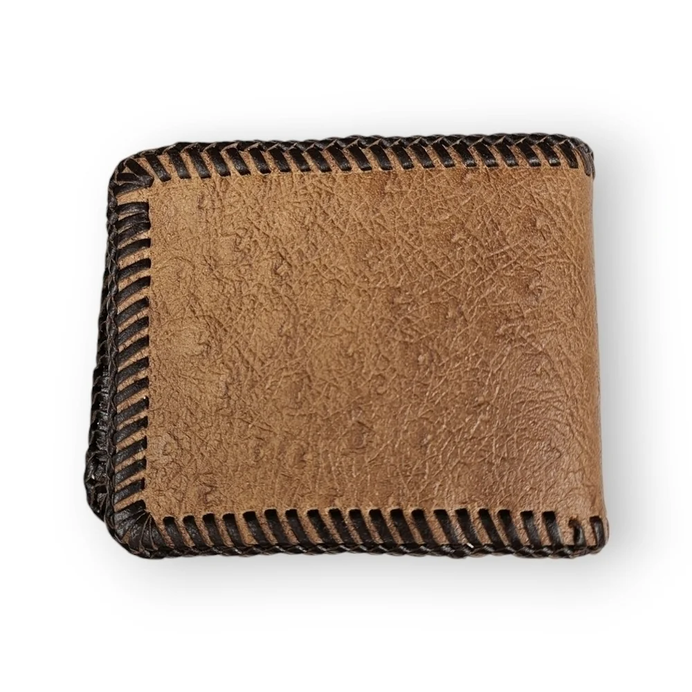 Vintage Ostrich Leather Bifold Wallet Brown Laced Edges Mens Unisex 70s 4.75