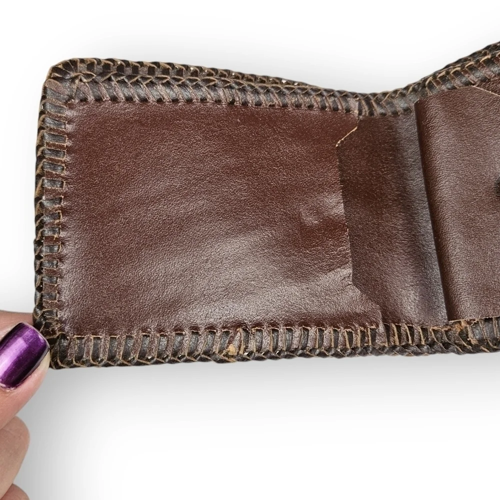 Vintage Ostrich Leather Bifold Wallet Brown Laced Edges Mens Unisex 70s 4.75