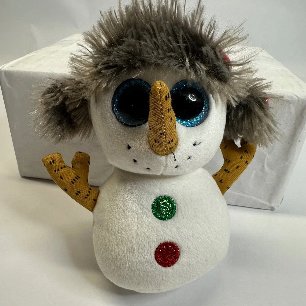 Ty Beanie Boos‎ Buttons the Snowman Plush Red Sparkle Hat Blue Glitter Eyes 6in