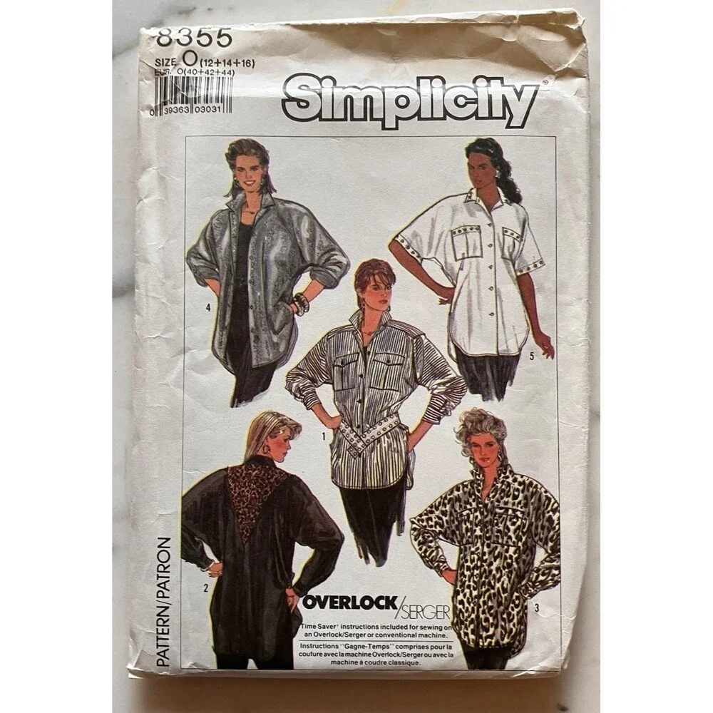 Vintage Simplicity 8355 Misses Loose-Fitting Shirt Pattern Size‎ 12-14-16 Uncut