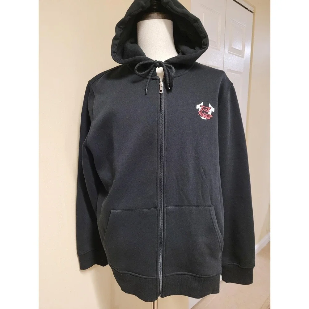True Religion Script Oval Zip Fleece Hoodie Mens Black Graphic Buddha Size XXL‎