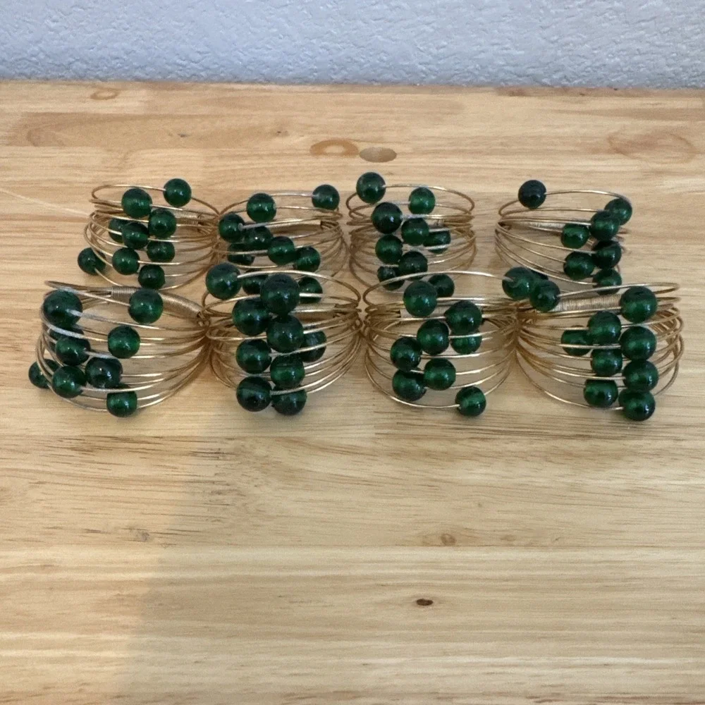 Set Up 8 Mid-Century Modern Style Gold Wire Emerald Green Beads‎ Napkin Ring