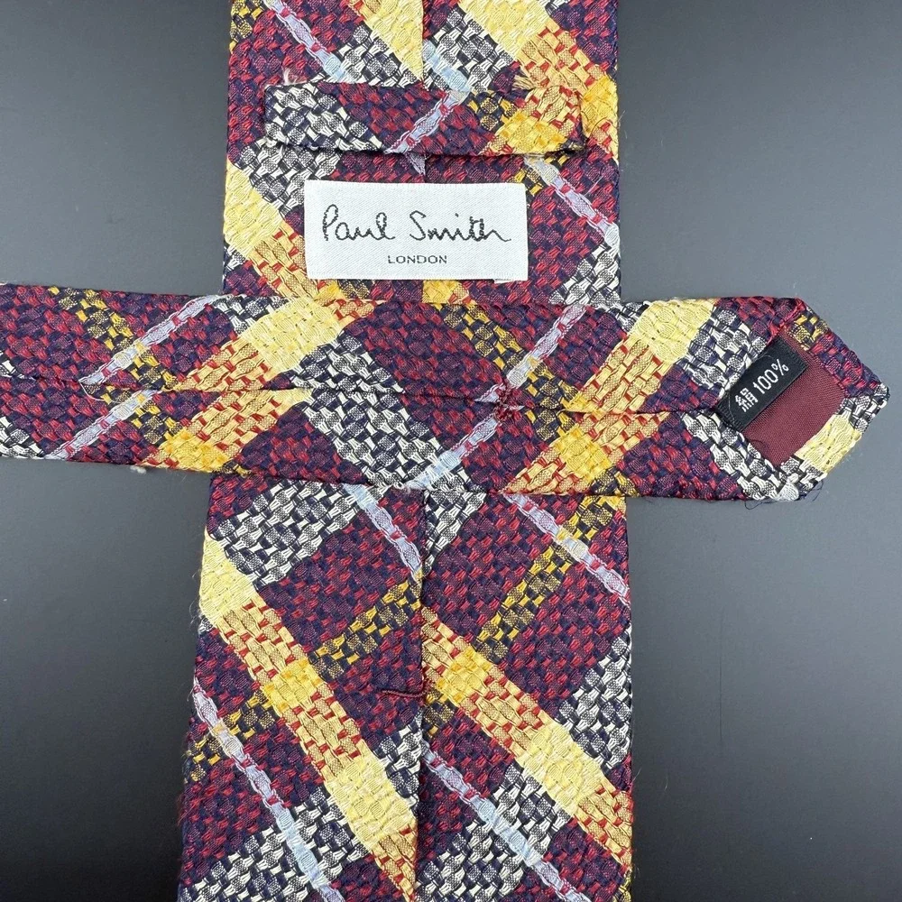 Paul Smith London Silk Tie Woven Plaid Check Multi Color Red Yellow Blue England