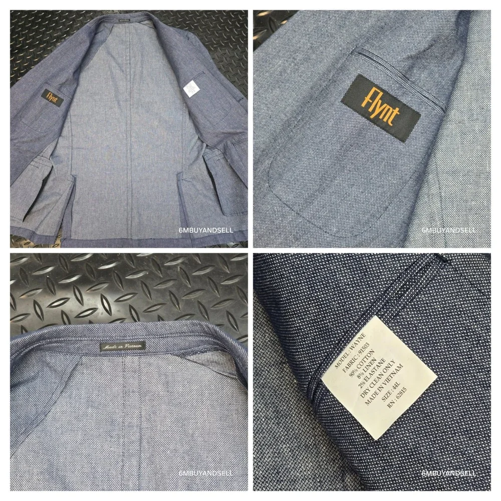 Flynt Mens Wayne Blue Cotton Linen Blend 2 Button Blazer Sport Coat Size 44L‎