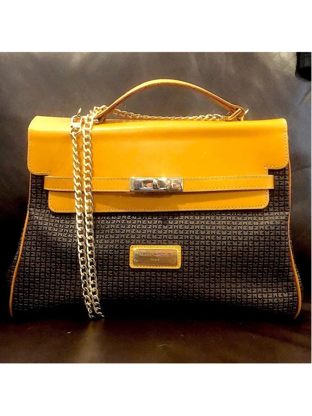 TED LAPIDUS Caramel Leather Top Handle & Monogram Embossed Crossbody Satchel