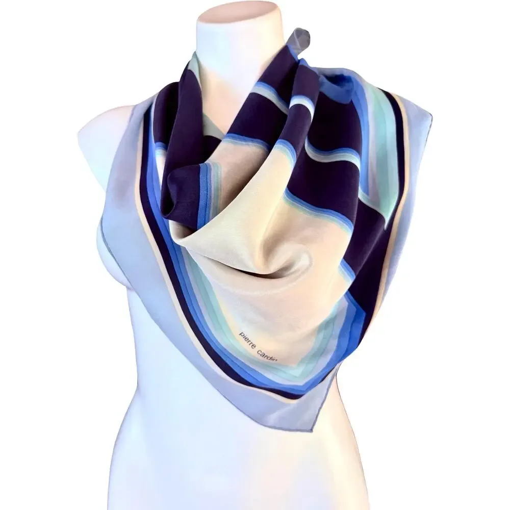Vintage Pierre Cardin Silk Scarf 30” Navy Blue Geometric Op Art 1970s Designer