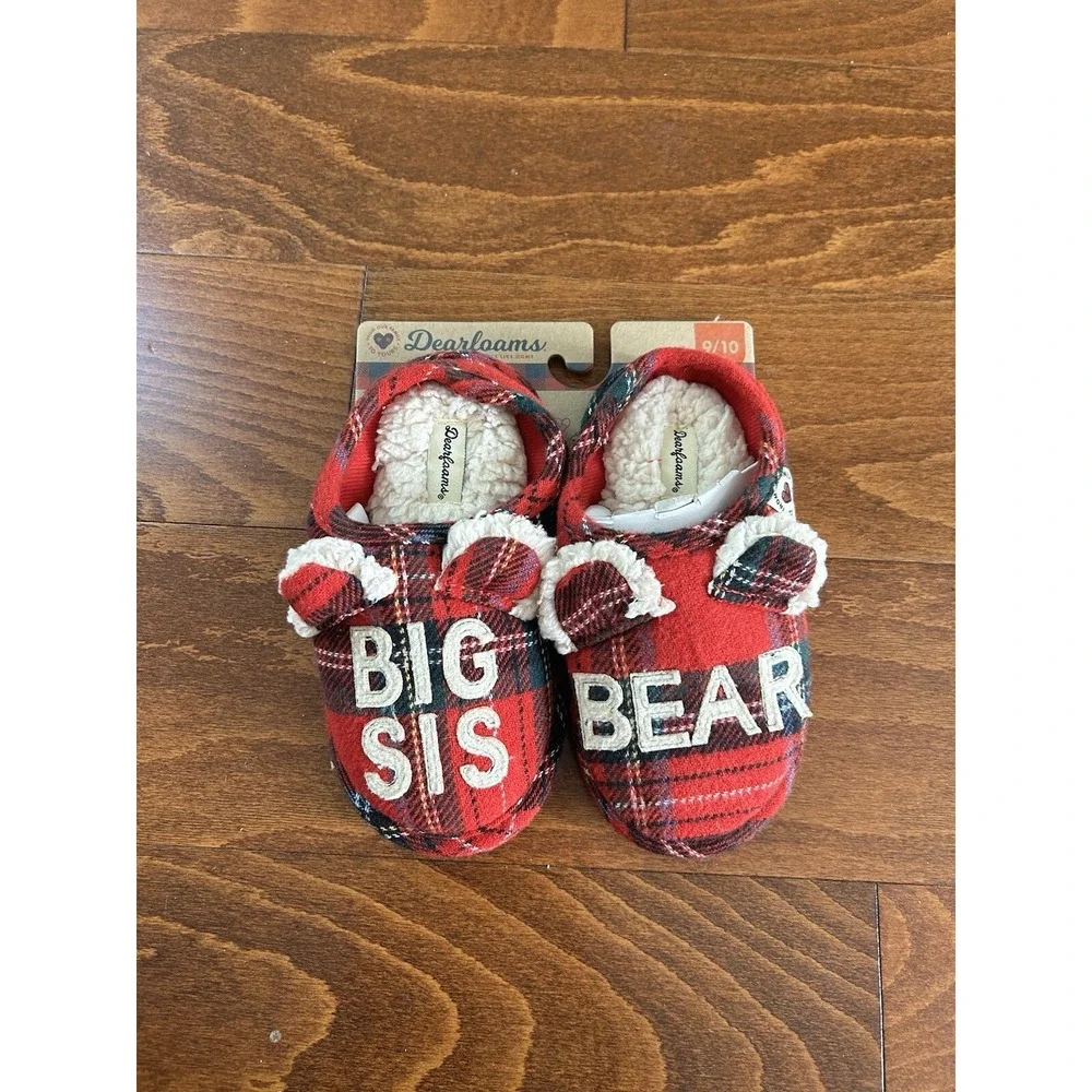 Dearfoams Kids Toddler Little Kids Big Sis Bear Plaid Red Slippers NEW 13-1 US
