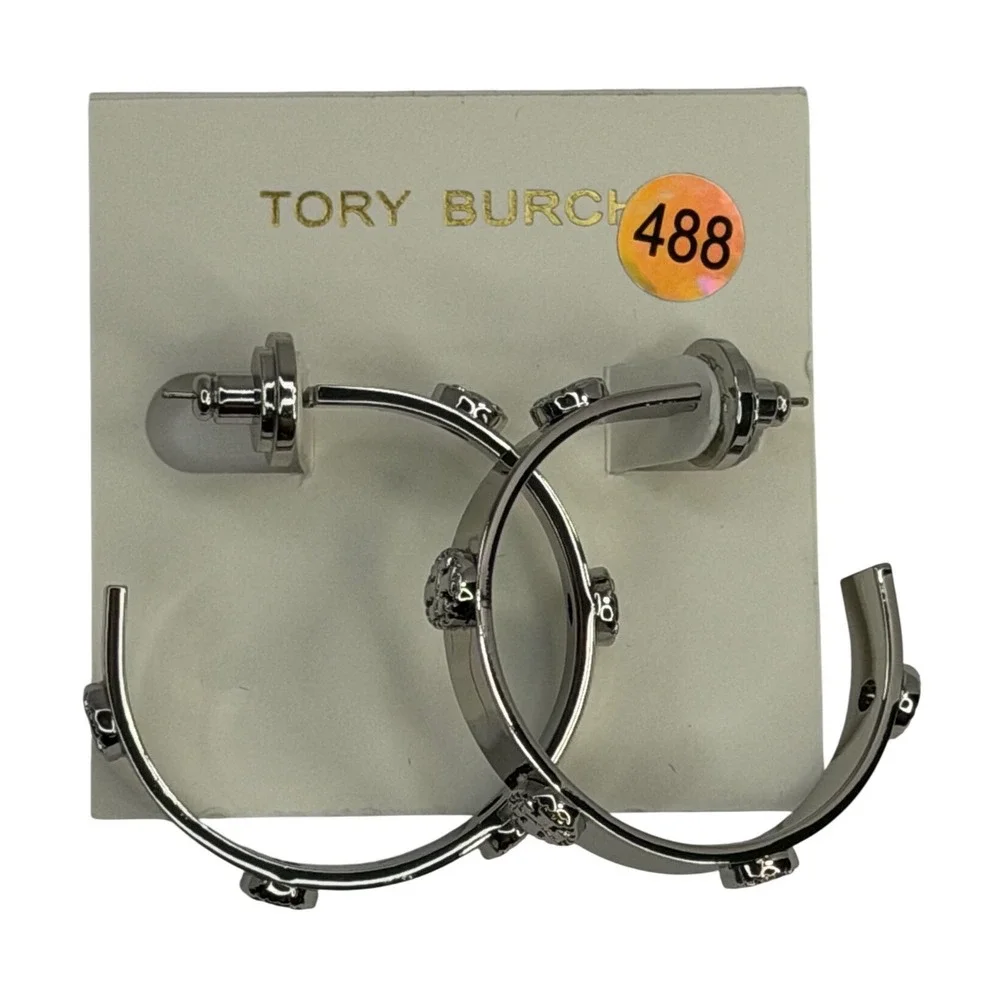 Tory Burch Miller Stud‎ Hoop Earrings Silver Tone Logo Double T Wide Band NWT