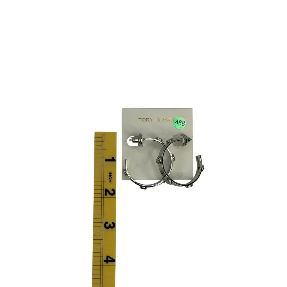 Tory Burch Miller Stud‎ Hoop Earrings Silver Tone Logo Double T Wide Band NWT