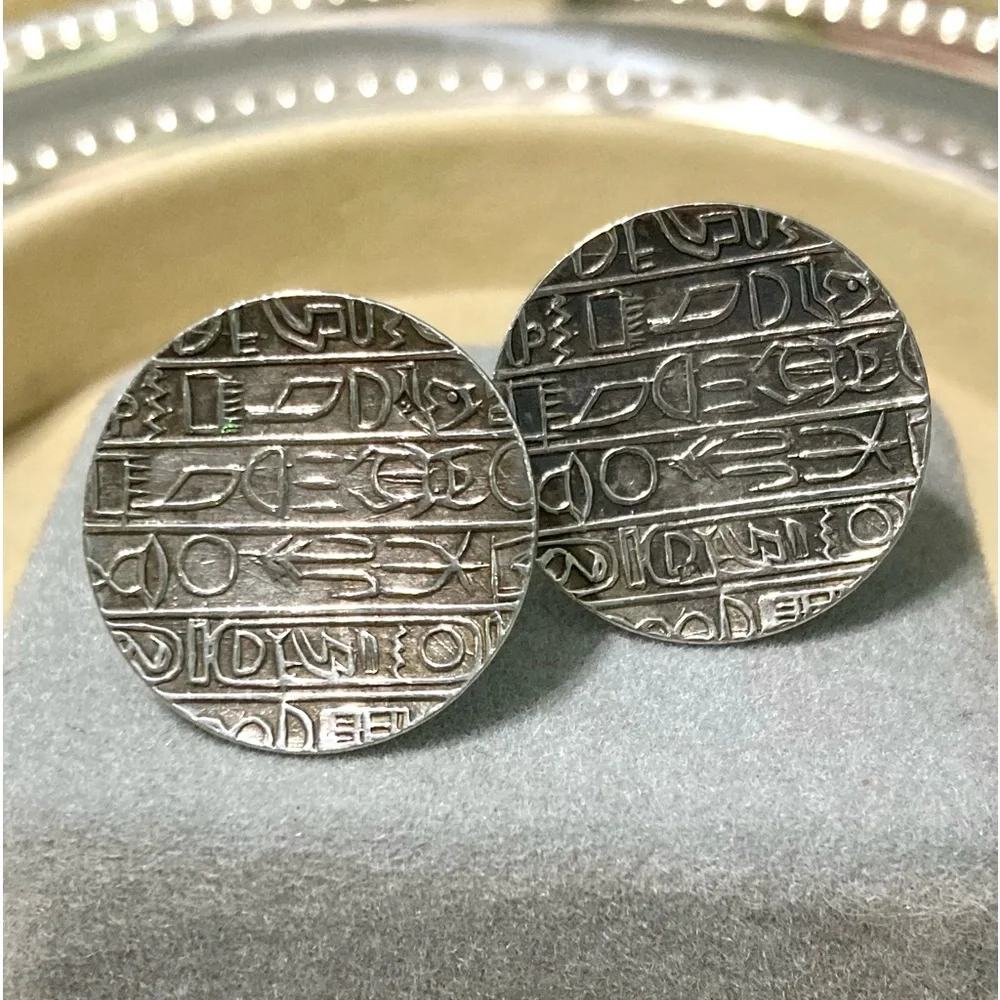 Vintage Egyptian Round Hieroglyphs Sterling cufflinks