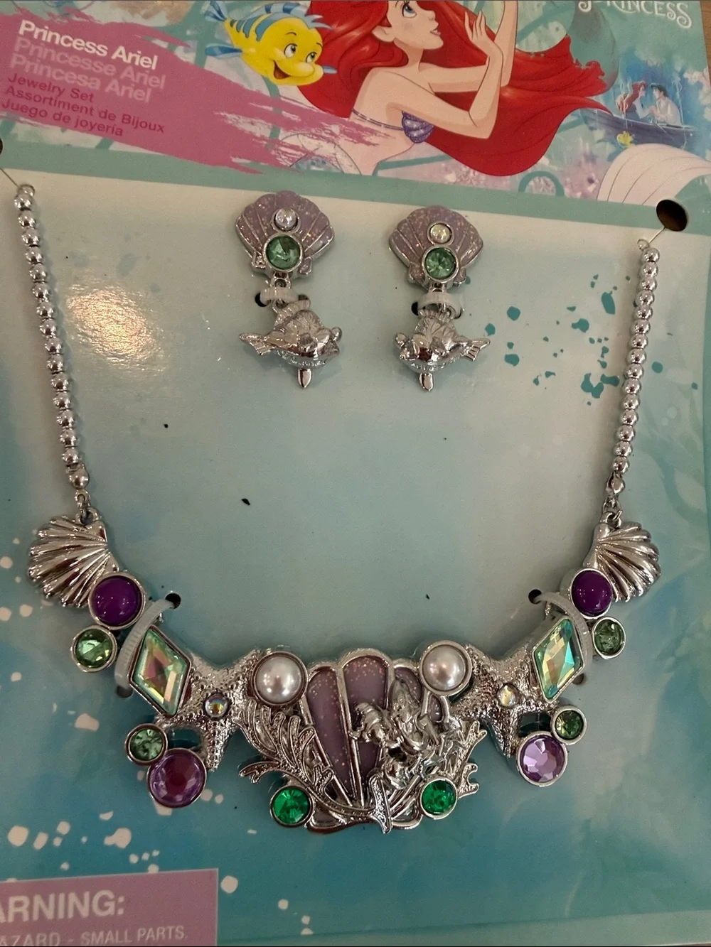 NWT Disney Ariel Purple & Green Shell Necklace and Earring Set